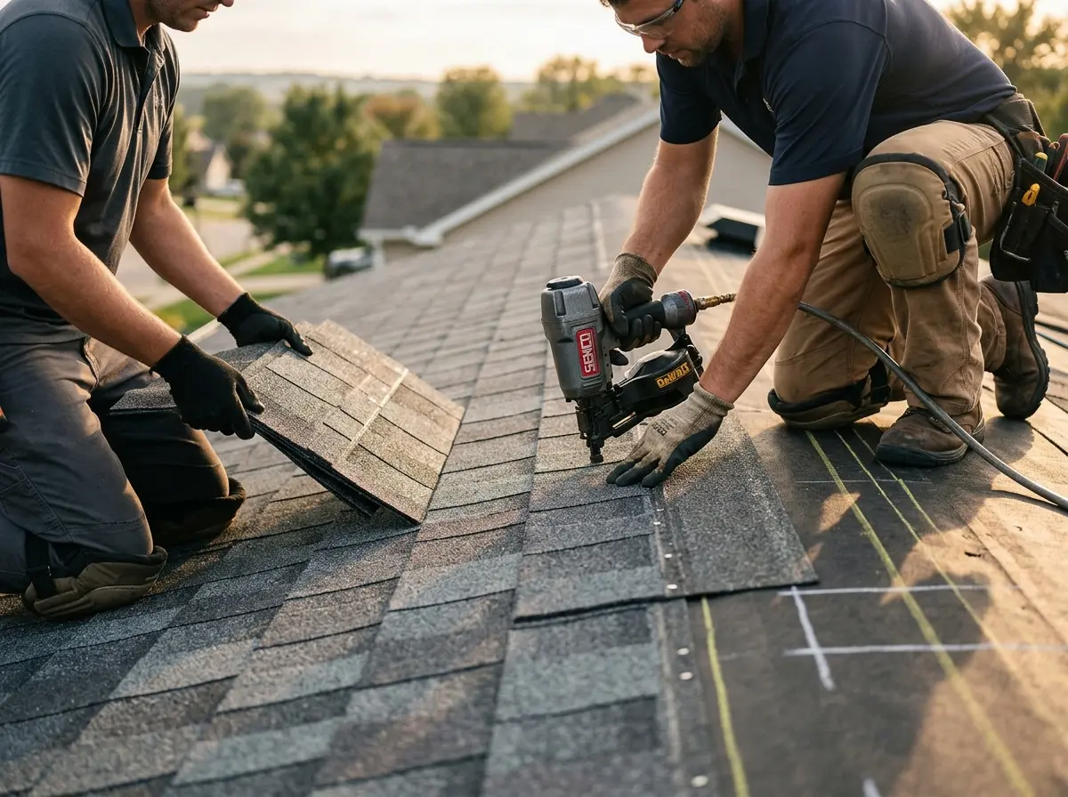 Professional roofer working on a residential roof in San Luis